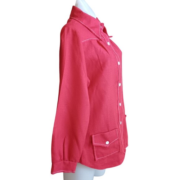 Vintage Medium Wome's Mod Jacket Shirt 1970's Sears Red Burlap granny Pockets - Picture 4 of 6